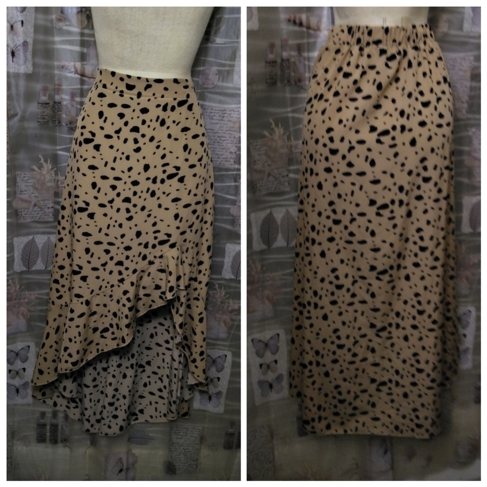 Shein Tannish Brown Black Leopard Print Asymmetric Ruffle Hem Midi Skirt Large